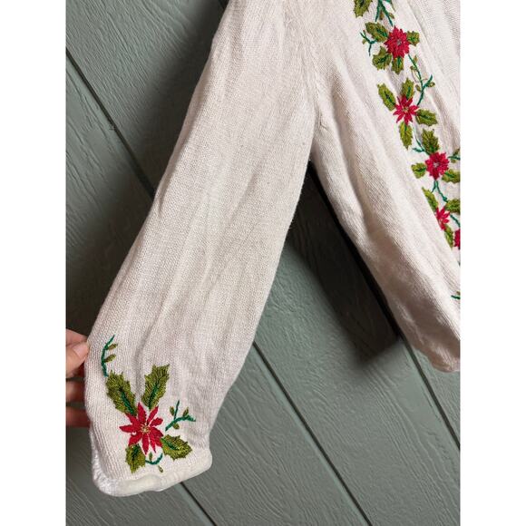 Vintage 90s Embroidered Poinsettia Holiday Open Cardigan Boho - Picture 2 of 5